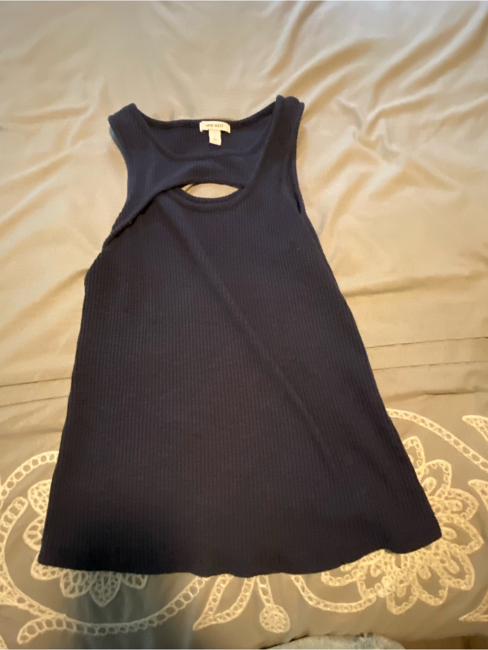 Nine West Navy Ribbed Tank with Front Cutout